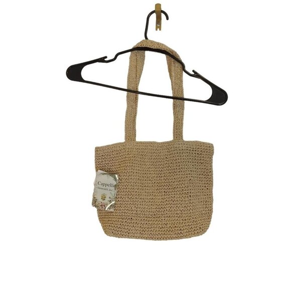 Cappelli Straworld Handbag Tote Tan Blue Embroidered Floral Front Jean Pocket - Picture 5 of 5